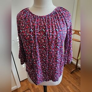 Michael Kors Women 3/4 Sleeve Jewel Neck Top. Size L. Color Red/Multiple